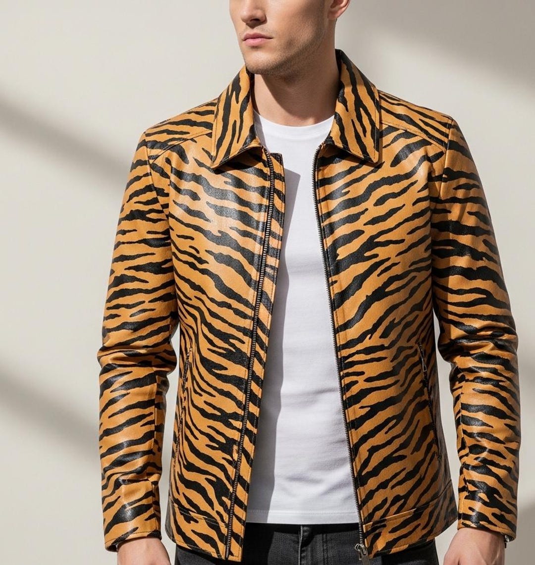 Men Tiger Print Cowhide Leather Biker Jacket New Classic Jacket - Etsy