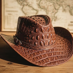 Könnte beinhalten: Ein brauner Cowboyhut mit einem strukturierten, krokodilartigen Muster. Der Hut hat eine breite Krempe und ein dekoratives Band mit einer silberfarbenen Schnalle. Der Hut ist aus Leder und liegt auf einer Holzoberfläche.