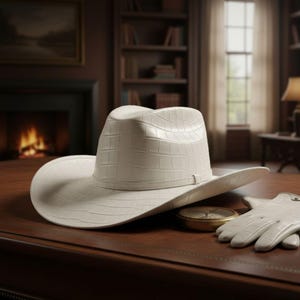 May include: A cream-colored cowboy hat with a textured pattern sits on a wooden desk, next to a pair of gloves and a compass. The hat has a wide brim and a band around the crown. The gloves are also cream-colored.