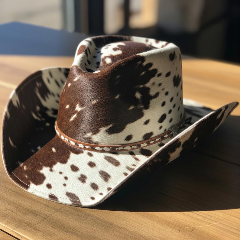 May include: Cowboy hat with a brown and white spotted pattern. The hat features a brown leather band around the crown and a wide brim. The hat is made of a soft, textured material and is designed for sun protection.