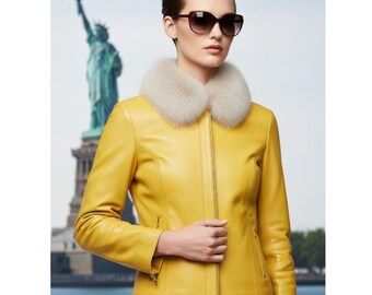 Handmade Sheep Leather Jacket with Faux Fur Collar