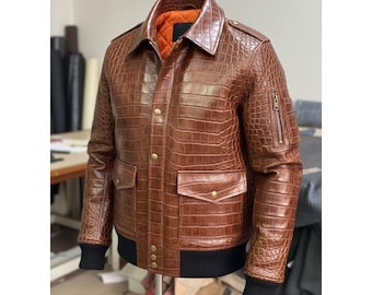 Chaqueta de piel de cocodrilo en relieve, ropa de abrigo de moda hecha a mano