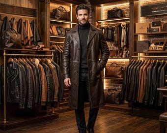 Handmade Genuine Leather Trench Coat  Men's Elegant Winter Overcoat