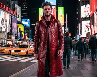 Red Snake Print Leather Trench Coat Gothic Edgy Fashion