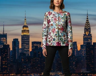 Flower Print Leather Biker Jacket Women's Art Jacket