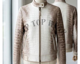 Luxury Men Leather Jacket Crocodile Embossed Handmade Biker Style Classic Jacket