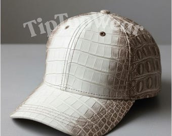 Boné de beisebol artesanal em couro de crocodilo, estilo streetwear de luxo.