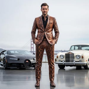 Op de afbeelding: Een bruin pak met slangenprint en een zwart overhemd. Het pak wordt gedragen door een persoon die voor een zwarte sportwagen en een witte oldtimer staat. De Golden Gate Bridge is zichtbaar op de achtergrond.