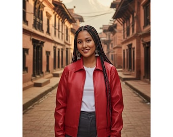 Vintage Style Women Genuine Leather Moto Jacket