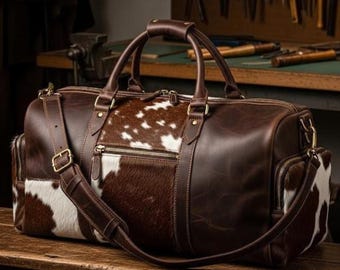 Könnte beinhalten: Eine braune Leder-Reisetasche mit Kuhfell-Akzenten. Die Tasche hat einen oberen Griff, einen Schultergurt und mehrere Reißverschlussfächer. Das Kuhfell ist weiß mit braunen Flecken, und das Leder ist ein sattes, dunkles Braun.