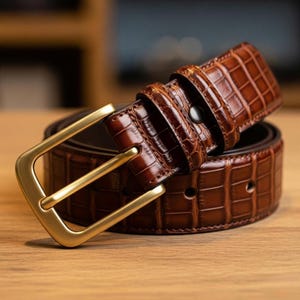 Op de afbeelding: Een bruine leren riem met een goudkleurige gesp. De riem heeft een textuur met krokodillenpatroon. De gesp is rechthoekig en heeft een glanzende afwerking. De riem ligt op een houten oppervlak.