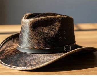 Chapéu exclusivo em couro genuíno com pelo, estilo faroeste, feito à mão e com materiais naturais.