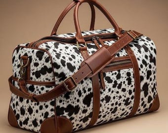 Könnte beinhalten: Eine Reisetasche mit einem schwarz-weißen Kuhfellmuster. Sie hat braune Ledergriffe, einen Schultergurt und Eckschützer. Die Tasche hat einen Reißverschluss oben und mehrere Taschen. Die Tasche ist für Wochenendausflüge oder als Handgepäck geeignet.