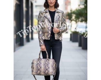 Giacca da donna in pelle con stampa serpente, stile street e abbigliamento casual, giacca alla moda