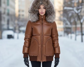 Frauen Leder Steppjacke mit Fuchspelz Kapuze Winter Warmer Luxusmantel