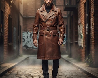 Handmade Mens Leather Trench Coat, Tailored Long Overcoat