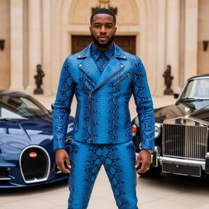 Men’s Snake Leather Suit Handmade Real Leather Jacket & Pants Set Reptile Pattern Outfit Biker Gothic Style Leather Suit