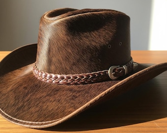 Chapéu estilo country boho rodeio feito à mão em couro bovino com pelo.