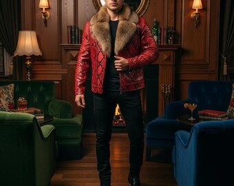 Snake Print Leather Jacket with Fur Collar Handmade Statement Outerwear