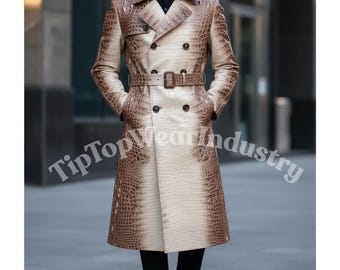 Crocodile Embossed Leather Trench Coat, Men's Vintage Outerwear