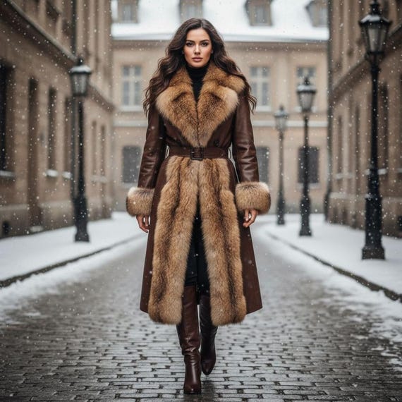 Handmade Leather Trench Coat With Fox Fur Trim - Elegant Winter