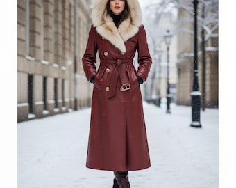 Trench-coat en cuir véritable avec col en fausse fourrure pour femmes