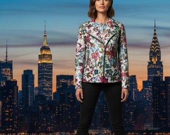 Floral Print Leather Biker Jacket - Women's Genuine Leather