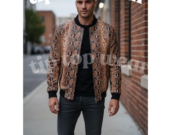 Stilvolle Herren Lederjacke Moderne Streetwear Snake Print Bomber Style Fashion Jacke