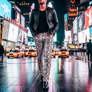 May include: A person wearing a black leather jacket, black shirt, and snake-print pants walks down a city street at night. The pants have a gray and white pattern. Black boots complete the outfit. The background features bright billboards and yellow taxis.