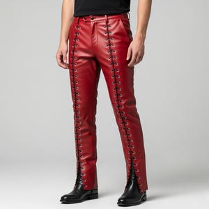 Handmade Red Leather Motorcycle Pants Men Festival Fashion Leather Pant