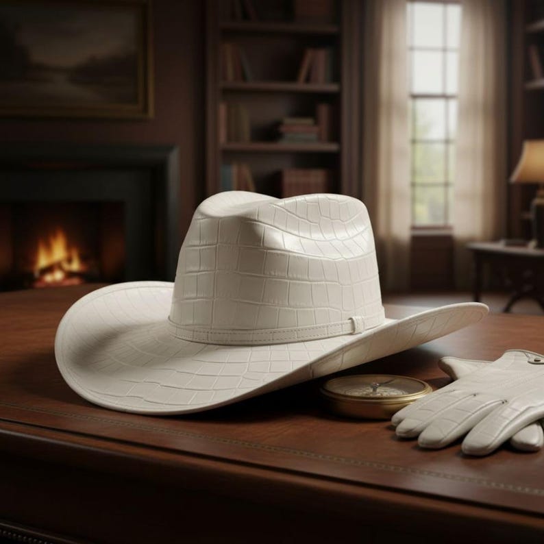 May include: A cream-colored cowboy hat with a textured pattern sits on a wooden desk, next to a pair of gloves and a compass. The hat has a wide brim and a band around the crown. The gloves are also cream-colored.