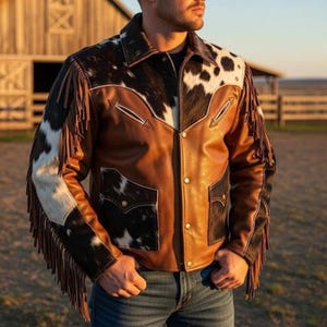 Men Cowhide Leather Jacket Hair On Hide Western Biker Style