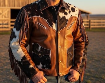 Giacca da uomo in pelle bovina con pelo, stile western da motociclista.
