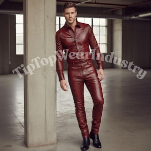 Snake Print Leather Pant and Shirt Set  men  Matching Two Piece Outfit