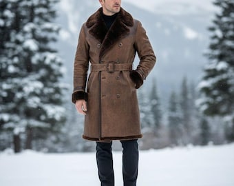 Handmade Genuine Leather Trench Coat with Fur Collar