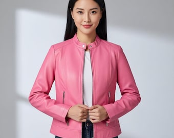Chaqueta de motociclista de cuero rosa hecha a mano para mujer, ajuste personalizado, cuero genuino