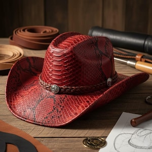 May include: A red cowboy hat with a snakeskin pattern. The hat has a braided leather band with silver-toned decorative accents. The hat is displayed on a wooden surface, with leather straps and tools in the background.