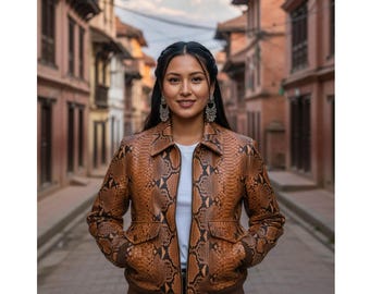 Handgefertigte Schlangen-Print Lederjacke Damen Statement Oberbekleidung