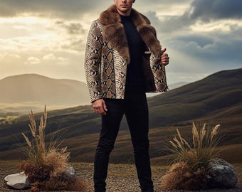 Snake Print Leather Jacket Fur Collar Statement Coat