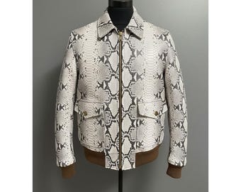 Herren Snake Print Leder Bomberjacke Handmade Streetwear