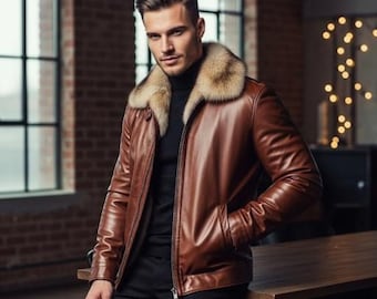 May include: A brown leather jacket with a fur collar. The jacket has a zipper closure and pockets. The person in the image is wearing a black turtleneck and black pants.