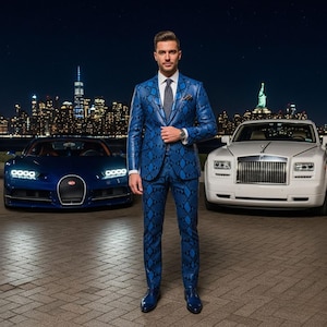 May include: A blue snakeskin-patterned suit with matching shoes. The suit is worn with a white dress shirt and a patterned tie. A luxury car is parked on each side of the person wearing the suit. The background features a city skyline at night.