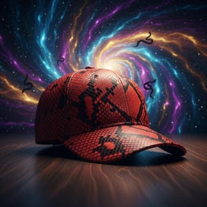 Puede incluir: Gorra de béisbol roja con un patrón de piel de serpiente negra. La gorra se encuentra sobre un fondo arremolinado de luz azul, morada y amarilla, creando un diseño vibrante.