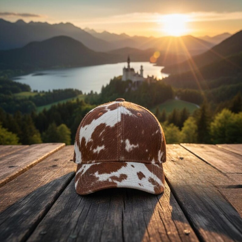 Pode incluir: Um bon&eacute; de beisebol de couro de vaca marrom e branco est&aacute; sobre uma superf&iacute;cie de madeira, com um cen&aacute;rio de um lago, montanhas e um castelo ao p&ocirc;r do sol. O bon&eacute; tem uma aba curva e um design cl&aacute;ssico de seis pain&eacute;is.