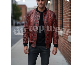 Herren Slim Fit Lederjacke Bold Snake Print Exotisches Muster Streetwear Biker Style Jacke