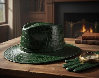 Cowboy Leather Hat Handmade Western Style Unique Crocodile Embossed Pattern Trendy Hat