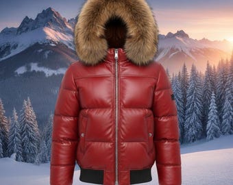 Leder-Puffermantel mit Fuchspelzbesatz Kapuze Damen Winter Warme Stilvolle Jacke Oberbekleidung
