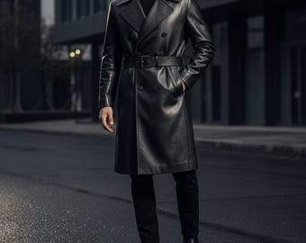 Ręcznie robiony płaszcz typu trencz z prawdziwej skóry, męska długa designerska kurtka