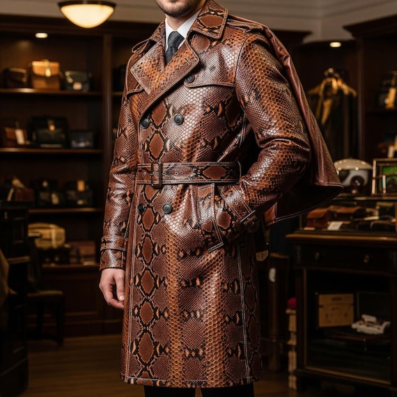 本物のスネークレザートレンチコート ハンドメイド ハイファッション