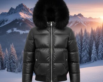 Schwarze Leder-Pufferjacke für Frauen mit schwarzer Fuchspelzhaube Mode Wintermantel